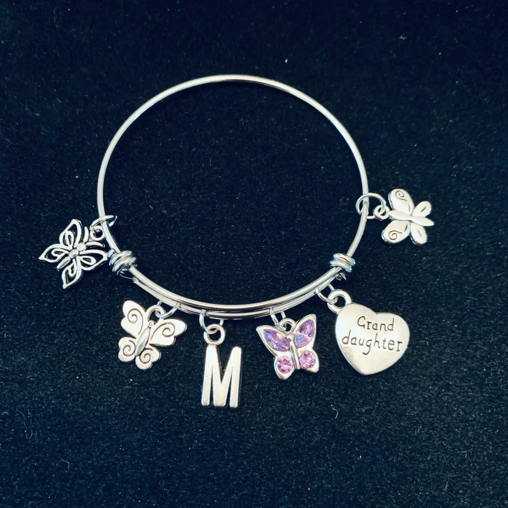 Butterflies “granddaughter” themed bangle bracelet personalized